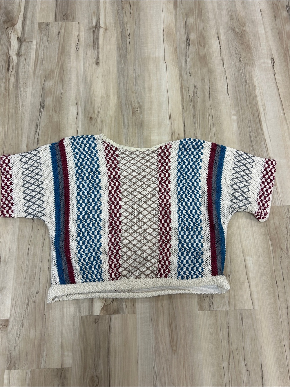 Open-Weave Striped Scoop-Neck Sweater in Cream with Blue & Burgundy